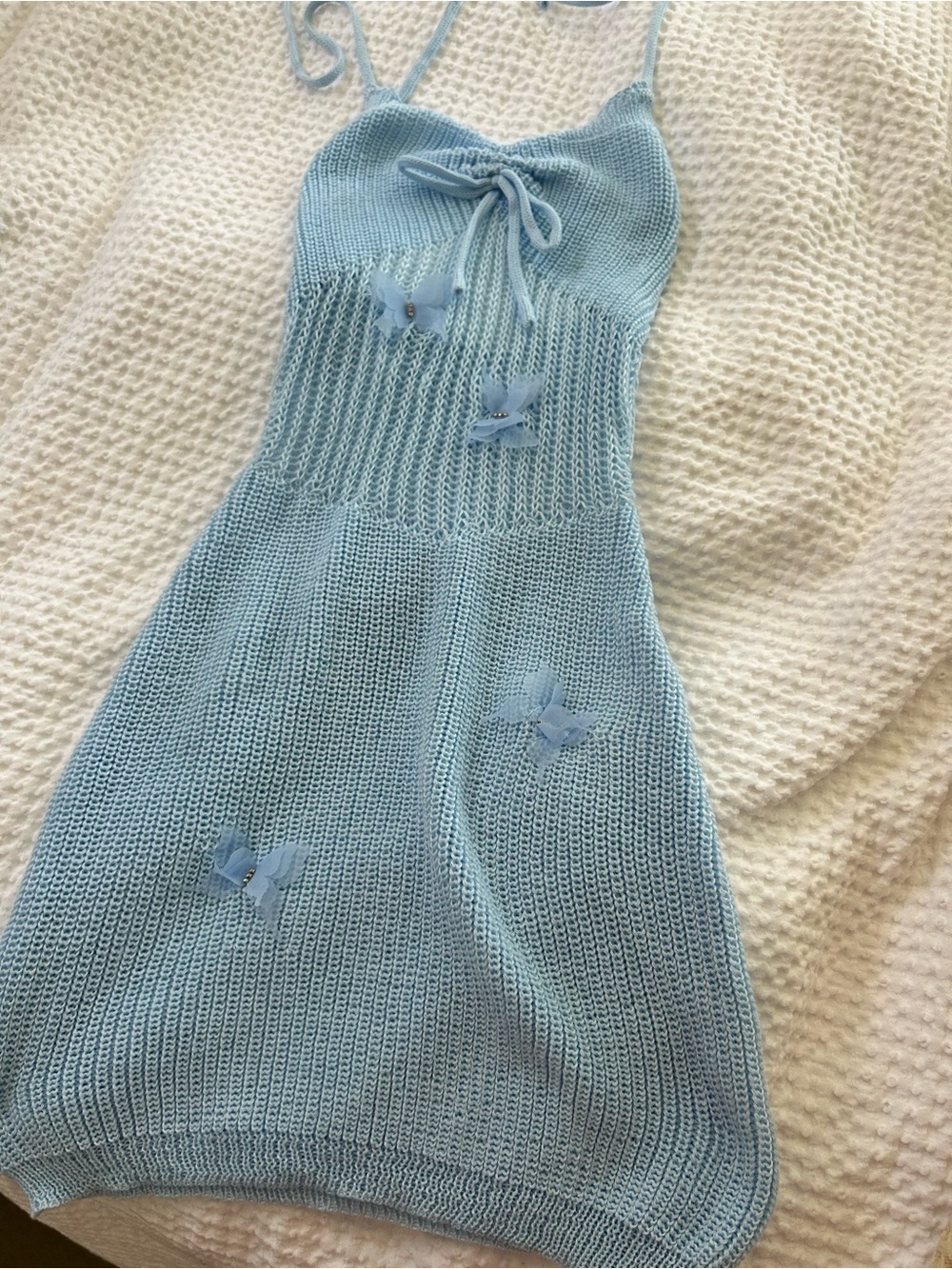 Light Blue Knit Butterfly-Accent Spaghetti Strap Kids Dress